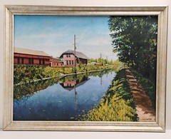 Signed Selesnick Bucks County Canal Pathway Scene Oil Landscape Painting 33X42
