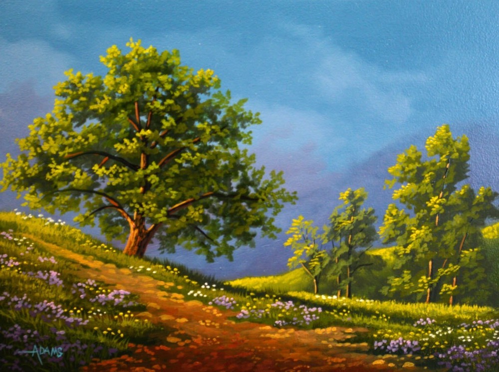 „Spring’s Glory“ original oil painting, landscape, flowers and trees realistic.
