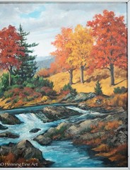 Vintage Fall Landscape Oil Painting Hal Sautter Mountain River Waterfalls 31×39″