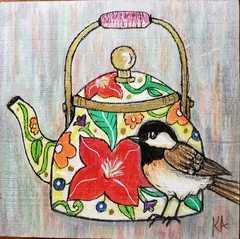 Original Art 4×4 – Chickadee with Tea Kettle – Colored Pencil on Wood Panel