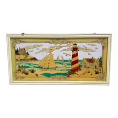 Joan Baker Designs Lighthouse Sailboat Hand Painted Glass Art Framed 40×20