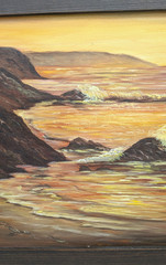Vintage Seascape Painting Coastal Sunset Rocky Cliffs Framed Signed Original