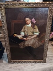 1930-40’s Beautiful Large Oil Painting „Reading Girl“ by Ruel P. Tolman