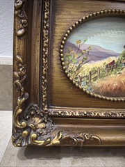 Vintage Pastoral Landscape Barn 2 Girls Oil Painting Beautiful GiltWood Frame
