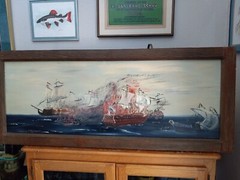 Vintage Beautiful Original Large Ocean Battleships at War Framed Oil Painting