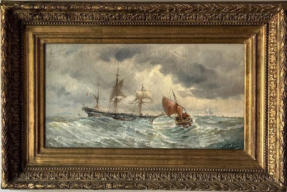 ANTIQUE 19TH CENTURY FRENCH IMPRESSIONIST OIL PAINTING OLD SEASCAPE SHIP BOAT