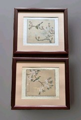 Pair Vintage Asian Hand Painted On Silk Birds And Flowers