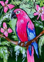 ACEO Vibrant Pink Parrot Tropical Bird Acrylic Painting Flowers Art Card NEW