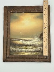Antique Oil Seascape Painting Signed C. Rownay in Rustic Rope Wood Frame 12.5×10