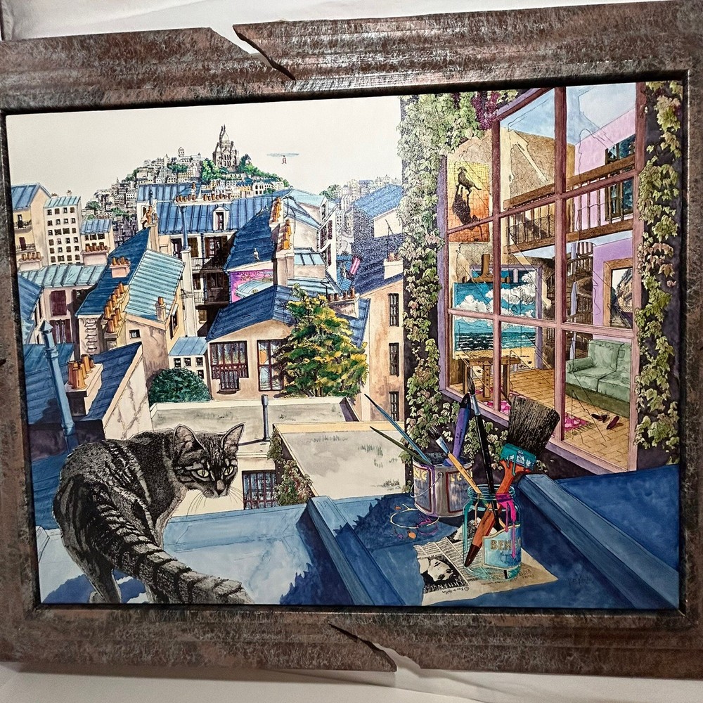 1991 Original Surrealistic Painting By Yves B Martin (YB Martin) “The Cat” RARE