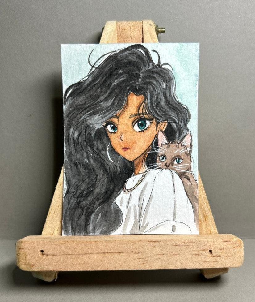 Original Watercolor ACEO OOAK Art Painting Portrait Girl Brown Cat Anime Manga