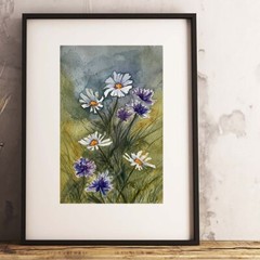 Daisies Wildflowers Watercolor Painting Gifts Wall Decor Abstract Chamomile