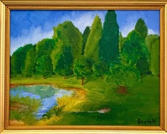 Painting Pond and Trees Natural Landscape Scenery Oil on Canvas Signed Art Decor