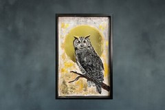 Owl Art, Mixed Media Owl Painting 16×23 in, Owl Lover Gift, Wildlife Art, Owl