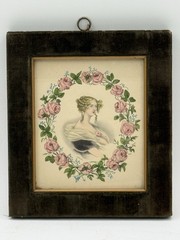 Antique 19th Century Hand-Colored Lithograph “ The Lilly Green Velvet Frame