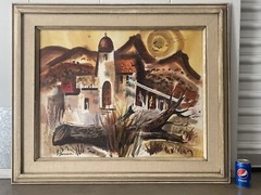 🔥 Vintage Modern Southwest Taos Pueblo Church Landscape Painting, Bernson 1960s