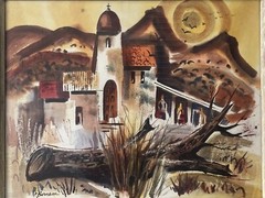 🔥 Vintage Modern Southwest Taos Pueblo Church Landscape Painting, Bernson 1960s
