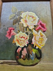 Vintage Still Life Oil Painting Yellow Roses Flowers Framed Wood Wall Art
