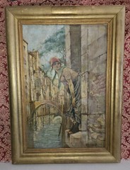 Antique WOMAN BY VENICE CANAL Oil Painting by Donatus Buongiorno ITALY Framed