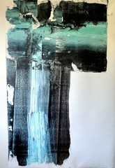 Abstract Minimalist Acrylic On Canvas Painting Large 38.5 X 60” White Blue Black