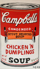 ANDY WARHOL 28×20 in. Oil on canvas (Campbells soup) signed & stamped. Pop art