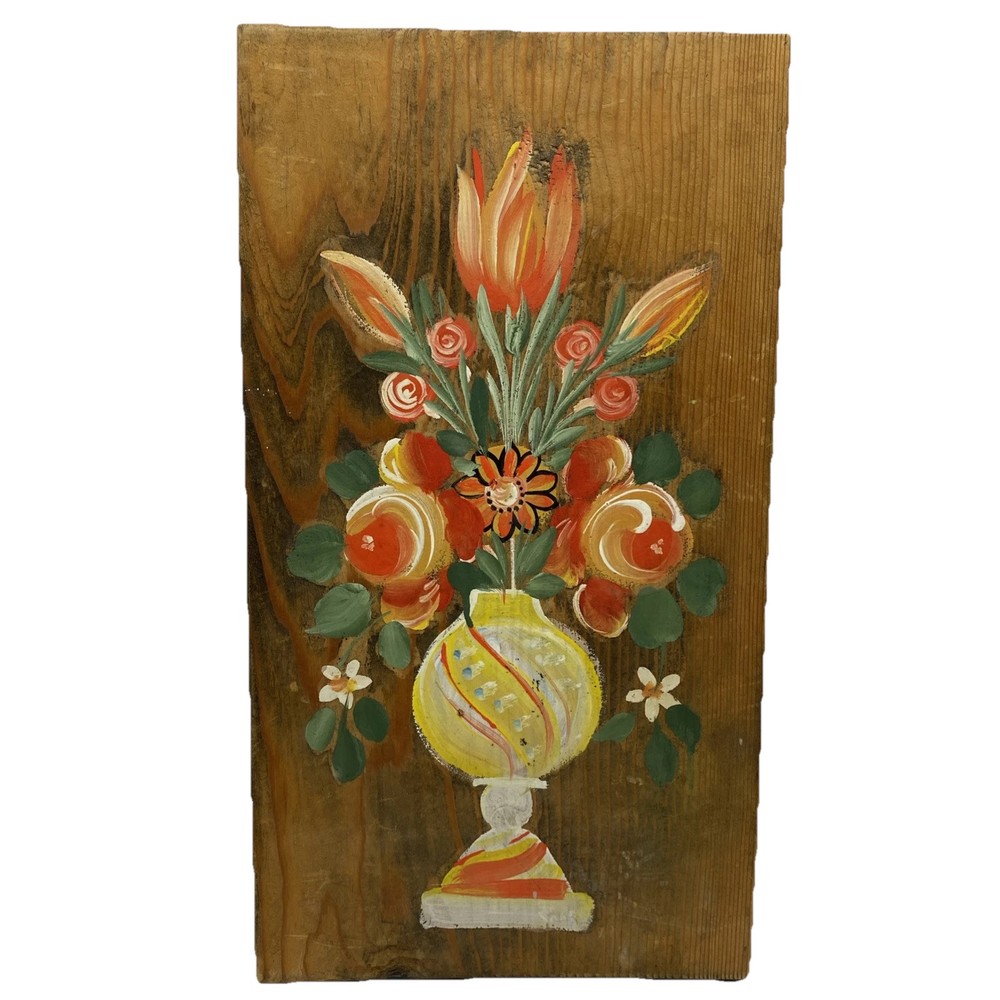 Wooden Painting Handmade Red Orange Flowers Yellow Vase Wall Hanging Art Floral