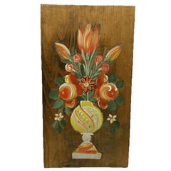 Wooden Painting Handmade Red Orange Flowers Yellow Vase Wall Hanging Art Floral