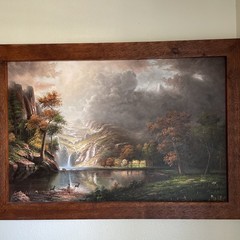 C.Cerlatti Original Oil Painting Deers Mountain Waterfall Landscape Framed 41×28