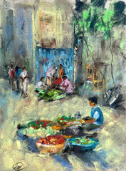 Original Pastel Painting, Indian City Market Handmade 9×12 In, Signed by Artist