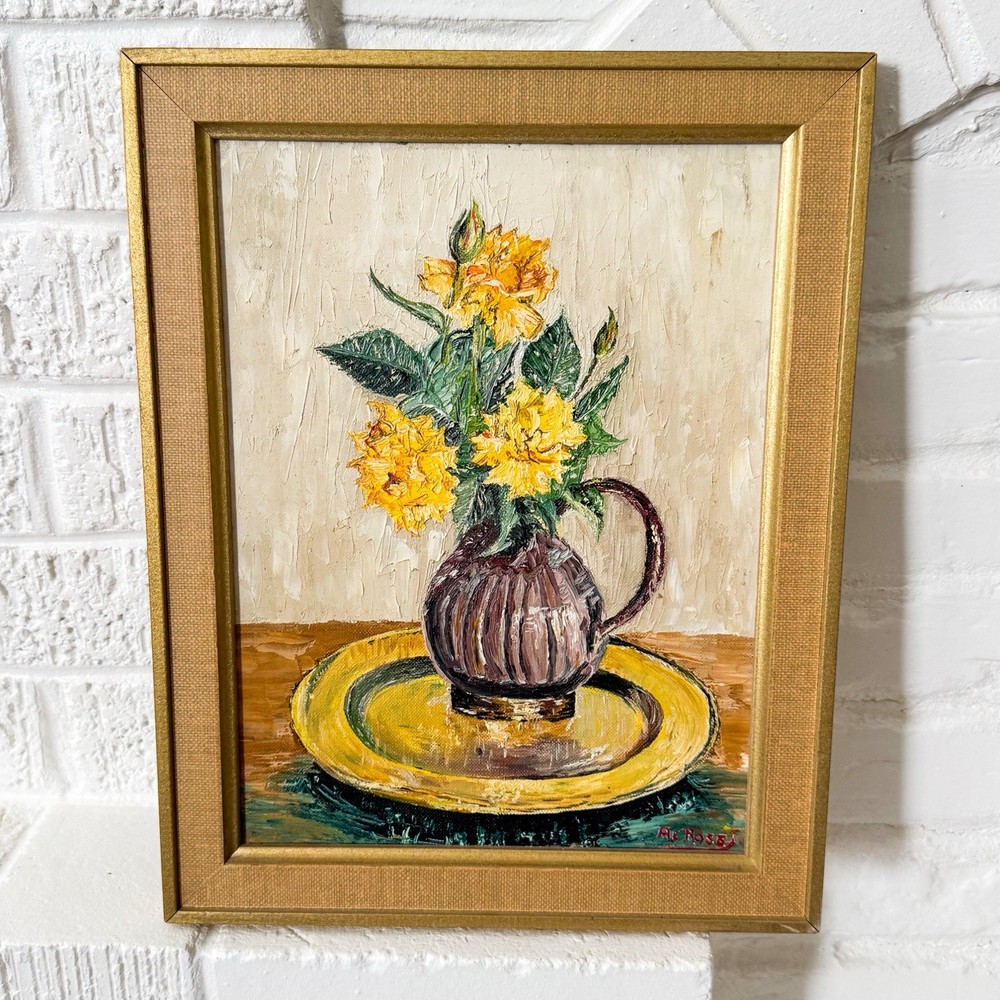 Vintage 1969 AL Rose Signed Oil Painting Pitcher of Yellow Roses Framed 12×9