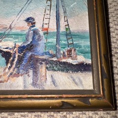 Antique Oil on Board Painting – New England Maritime Shore Fisherman on Dock