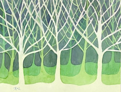 PAINTING WATERCOLOR 11X14 AND WHITE MAT 16X20 FOREST TREES GREEN PURPLE BLUE