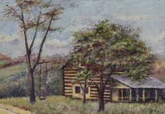Antique Log Cabin Landscape Oil Painting Framed Unsigned circa 1930