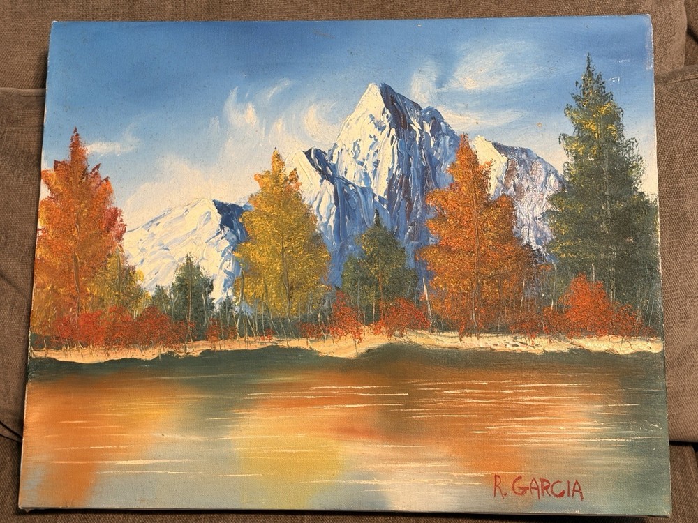 R. Garcia Signed Original Mountain River Oil Painting on Canvas 20”x16”