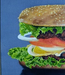 Original Oil Painting Hamburger Burger Food Art on Canvas 12×12 Inches Handmade