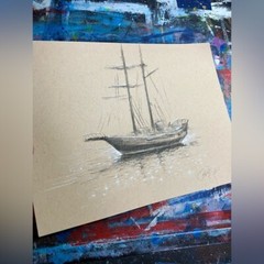Original Ship Realism Painting Schooner Sailboat Nautical Art Pastel Charcoal