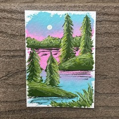 Aceo Original Landscape Cotton Candy Sky Sunset Over Lake Gouache Painting