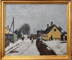 Ole Söndergaard (1876-1958): VILLAGE STREET ON A WINTER DAY, original oil, 1939