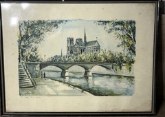 Mid Century Paris School Watercolor Notre Dame G. Ducallet Framed