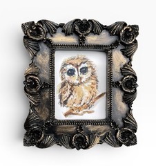 Owl watercolor bird print of original painting • vintage style ornate frame