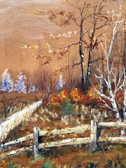 FALL AUTUMN LANDSCAPE PAINTING OLD ANTIQUE ORIGINAL ART GOUACHE SIGNED ILLEGIBLE