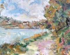 Painting „Cabin By the Pond“ OIL ON CANVAS signed „RM MORTENSEN“ 2020