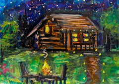ACEO Original PAINTING Summer CABIN Camping Fire Night Stars Landscape ATC ART