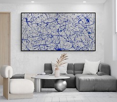 XXL Jackson Pollock Style Blue & Pearl Abstract Art Textured Painting 78×39 in