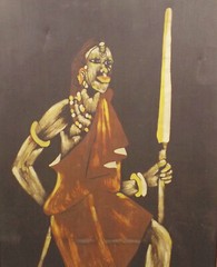 Batik Picture Stoffbid “ African Warrior With Spear “ 49x92cm Sign IN Frame