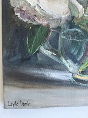 Pink roses bouquet in cobalt blue vase still life bright oil painting 10×12