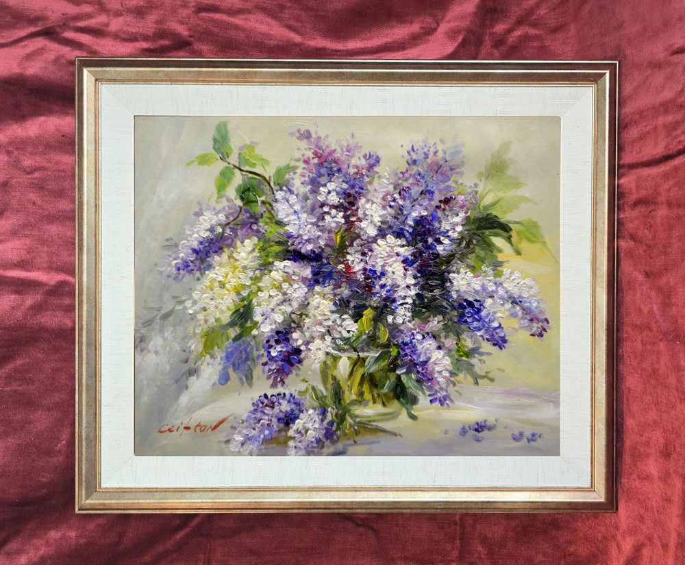 FRAMED IMPRESSIONIST „LILLAC BOUQUET“ STUNNING OIL PAINTING PALETTE KNIFE SIGNED