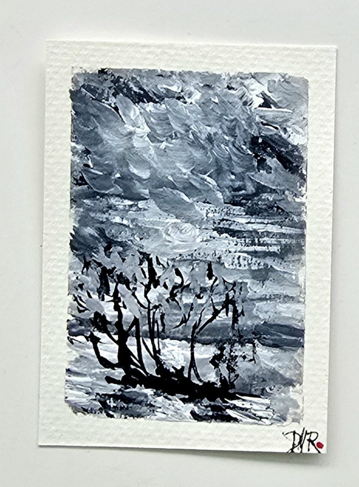 Original ACEO Lake Wanaka NZ B/W Cloudy Sky Dulce Maria Rico „LONELY TREE“