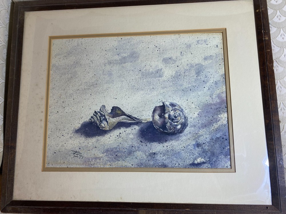 R.T 1971 „Still Life With Sea Shells Scene“ Mixed Media Painting – Signed/Framed