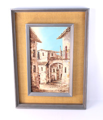 Old World City Village Mediterranean Street Scene Oil Painting On Board Signed